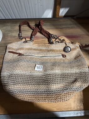 #4107-Braided-Handle Woven Tote Bag in Natural Beige and Brown